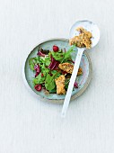 Crispy duck on salad with raspberries