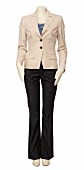 Beige blazer and boot cut jeans on white background