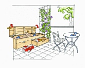 Illustration of small balcony with wooden bench and drawer on casters