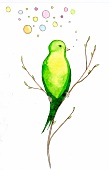 Illustration, grüner Vogel sitzt auf Zweig