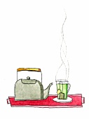 Illustration, Glas voll Tee auf Tablett mit Teekanne