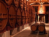 View of cellars with oak barrels, Chateau of beaucastel