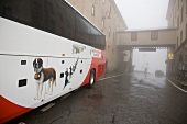 Bus with figure of St. Bernards and monks in Orsieres, Switzerland