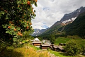 View of wooden houses and landscape in Loetschental, Switzerland