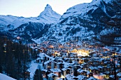 View of Zermatt town at dusk in Valais, Switzerland