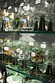 Close-up of various type of wine glasses with price tags