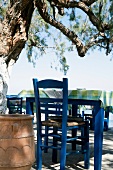 Tavern blue table and chair under tree, Zakros, Crete, Greece