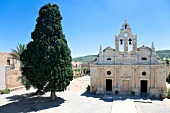 View of Arkadi Monastery and tree in Crete, Greece