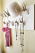 Coat rack with antler hooks; hat, necklaces and jewellery hanging on hooks