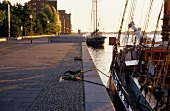 Boats moored on Larsens Plads, Copenhagen, Denmark