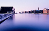 Soren Kierkegaards Plads and Black Diamond on Inderhavnen at dusk, Copenhagen, Denmark