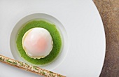 Egg with spinach and chanterelles on white plate