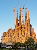 View of Sagrada Familia facade with blue sky in Barcelona, Spain