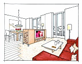 Wohnzimmer, Raumgestaltung, Mobiles Sideboard, Illustration