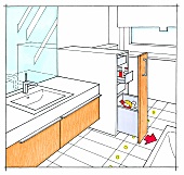 Badezimmer, Raumgestaltung, Stauraum durch Apothekerauszüge, Illustration