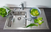 Vegetables leaf on stainless steel sink