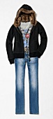 Hooded jacket with fur, t-shirt and jeans on white background