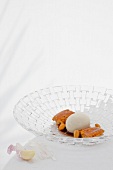 Egg and chicken pieces in glass bowl