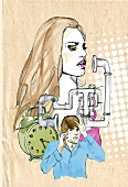 Illustration of woman talking to man with alarm clock in the background through a pipe