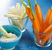 Close-up of pieces of carrots and radish with bowl of dip