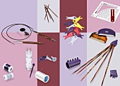 Knitting tools on multi-coloured background