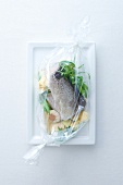 Haddock marinated with tarragon, garlic and butter in sealed transparent film