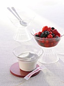 Red fruit jelly with vanilla foam in glass bowl