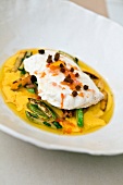 Halibut with zucchini and watercress vinaigrette in serving dish
