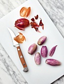 Cleaned shallots on cutting board with knife, overhead view