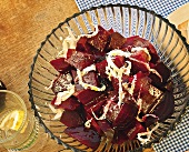 Close-up of beetroot salad with horseradish in bowl