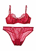 Push-up-BH und Bikini-Slip mit Blümchenspitze in rot