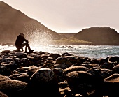 Irland: Giant¿s Causeway, Mann auf Steinen, Meerblick, Sonnenuntergang
