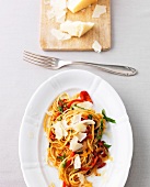 Pasta with pepper and anchovy sauce on plate