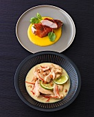 Chicken breast with mango sauce and peanut chicken curry on plates