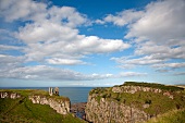 View of Antrim Coast cliffs and Dunseverick Castle, Ireland, UK