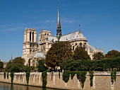 View of Notre Dame cathedral and promenade in Paris, France