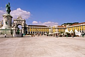 View of Praca do Comercio with King Jose I and Arco Monumental in Lisbon, Portugal