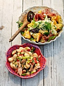 Bread salad and white bean salad with tuna in bowls in summer kitchen