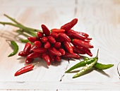 Close-up of red and green chilli peppers