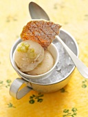 Elderflower sorbet with rhubarb and biscuit in cup filled with ice