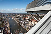 Elevated view of harbour and city from Atlantic Hotel Sail City in Bremerhaven, Germany