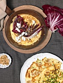 Savory pancakes in pan and on plate, overhead view