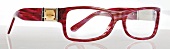 rotes Brillengestell mit breiten Bügeln und Goldapplikationen