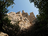 Low angle view of ruined city of Olympos from forest, Lycia, Turkey