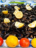 Close-up of fresh mussels and lemon wedges