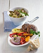 Braised cucumber and lamb stew, and meat patties with grilled vegetables