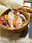 Red mullet with olives and vegetables in wok, France