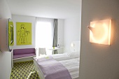 View of luxurious bedroom in Swissotel hotel in Bremen, Germany