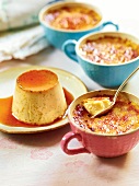 Creme caramel on plate and creme brulee in cup, France
