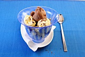 Vanilla ice cream with chocolate and ginger ice cream in bowl